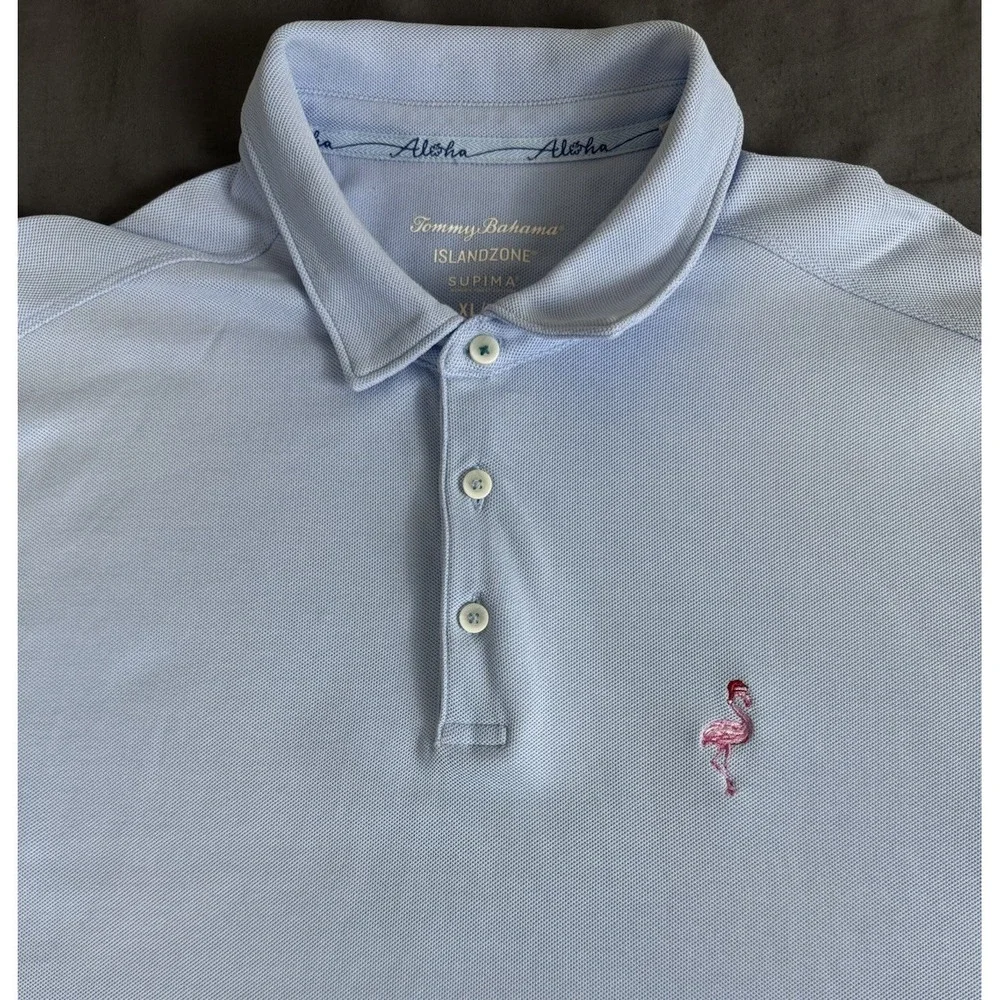 Tommy Bahama IslandZone Supima Cotton Polo Shirt Mens XL Light Blue Flamingo S/S